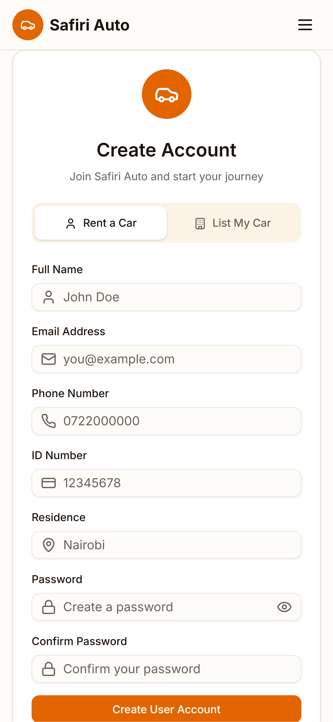 Safiri Auto Mobile Responsive Sign Up Page